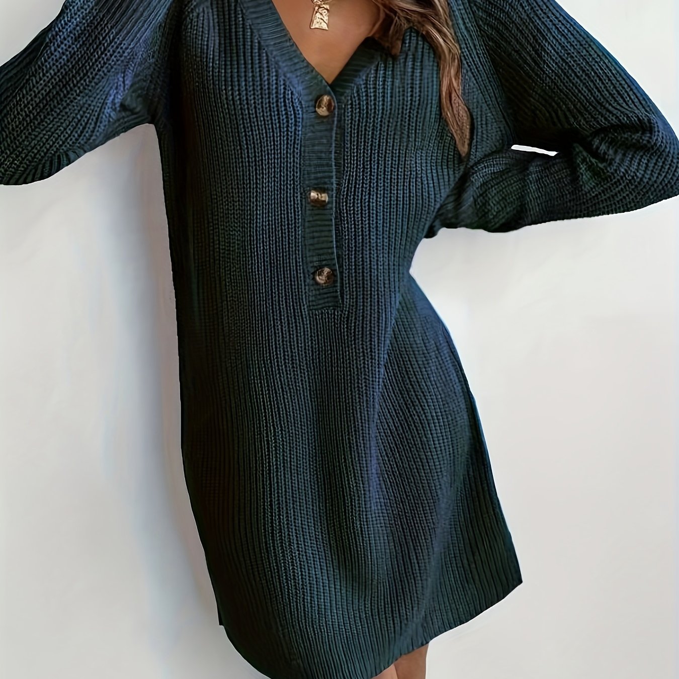 Plus Size Olive V-Neck A-Line Sweater Dress - Short Sleeve Single-Button Closure, Machine Washable Knit for Office & Semi-Formal