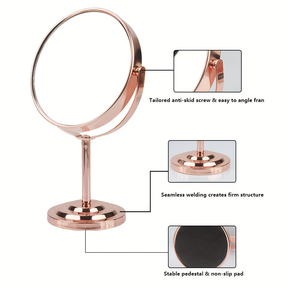 RANCAI 360° Stainless Steel Double-Sided Makeup Mirror – Polished Coastal Tabletop, HD Oil-Free Surface, Non-Electric, Anti-Skid Base