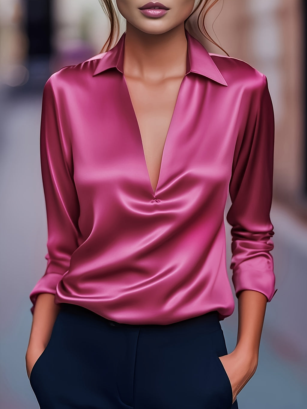 Silvery Satin V-Neck Blouse for Women, Long Sleeve Button-Front Satin Shirt, Elegant Smooth Finish