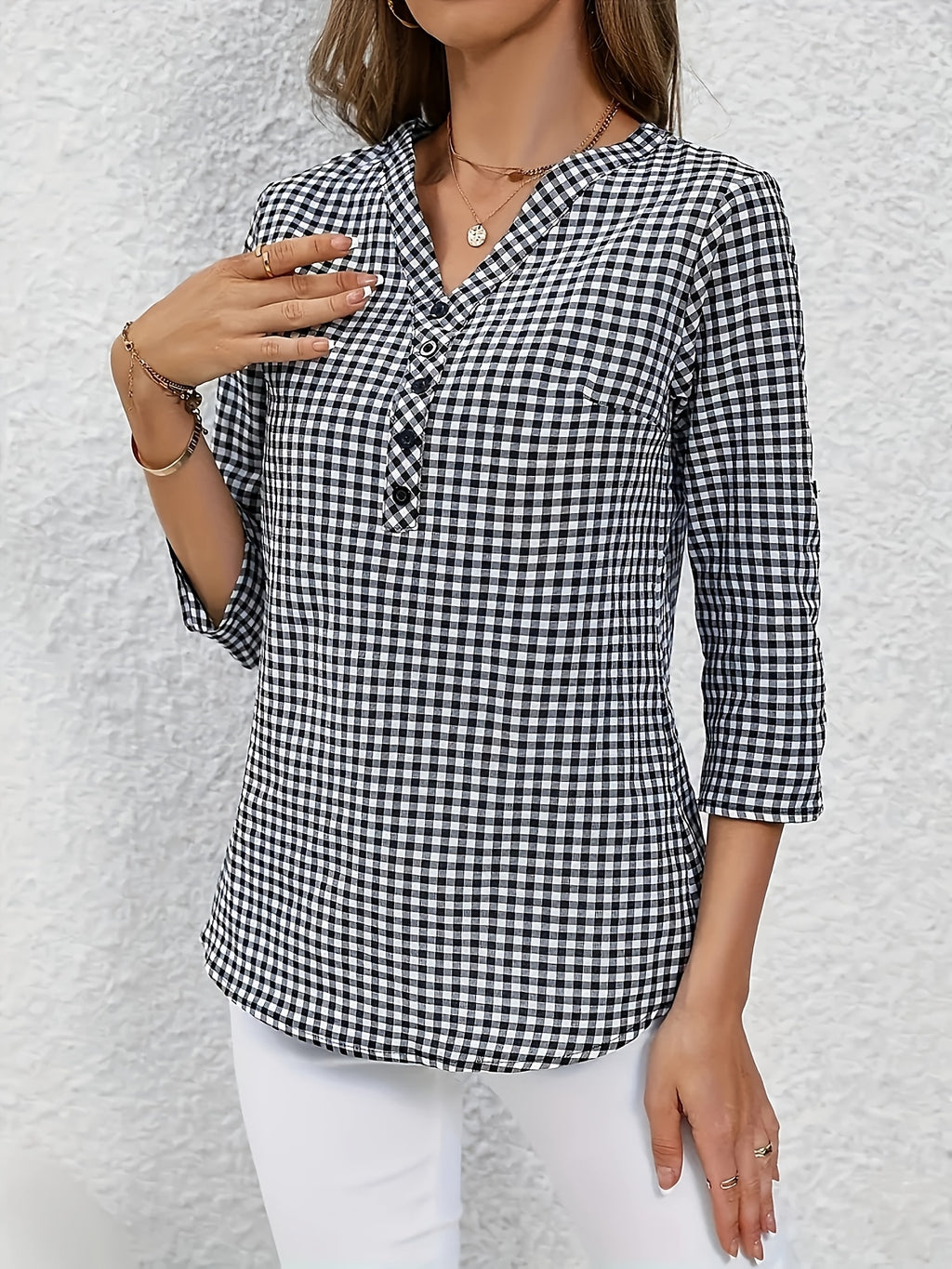 Women's Polyester V-Neck Plaid Blouse with Button Detail and Roll-Up Sleeves, Casual Spring Summer Fall Top
