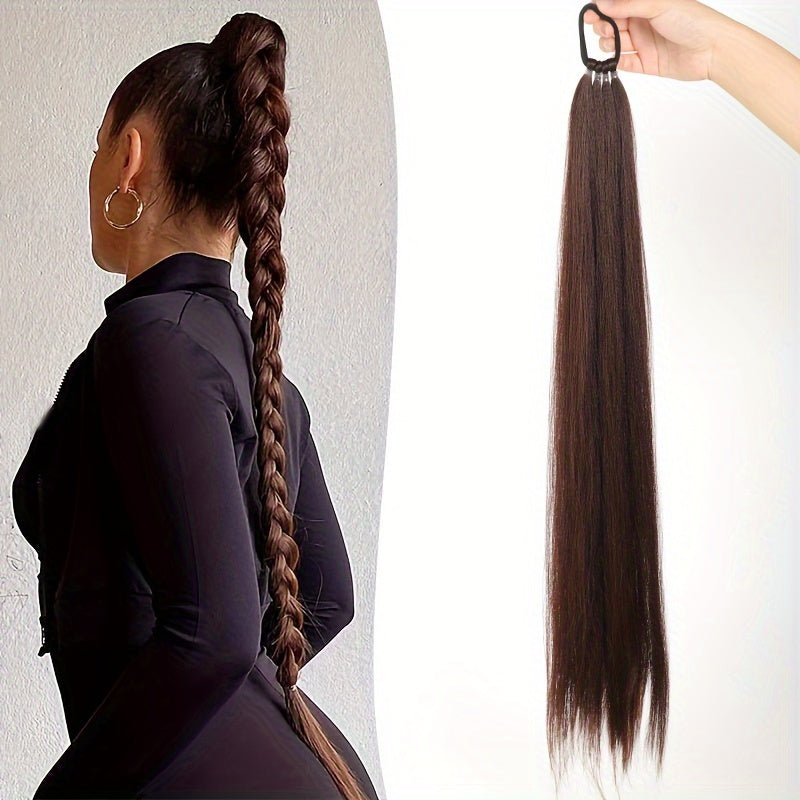 28-Inch (71 cm) Long Straight Synthetic Ponytail Extension, Wrap-Around Boxing Braid with Elastic Hair Ring for DIY