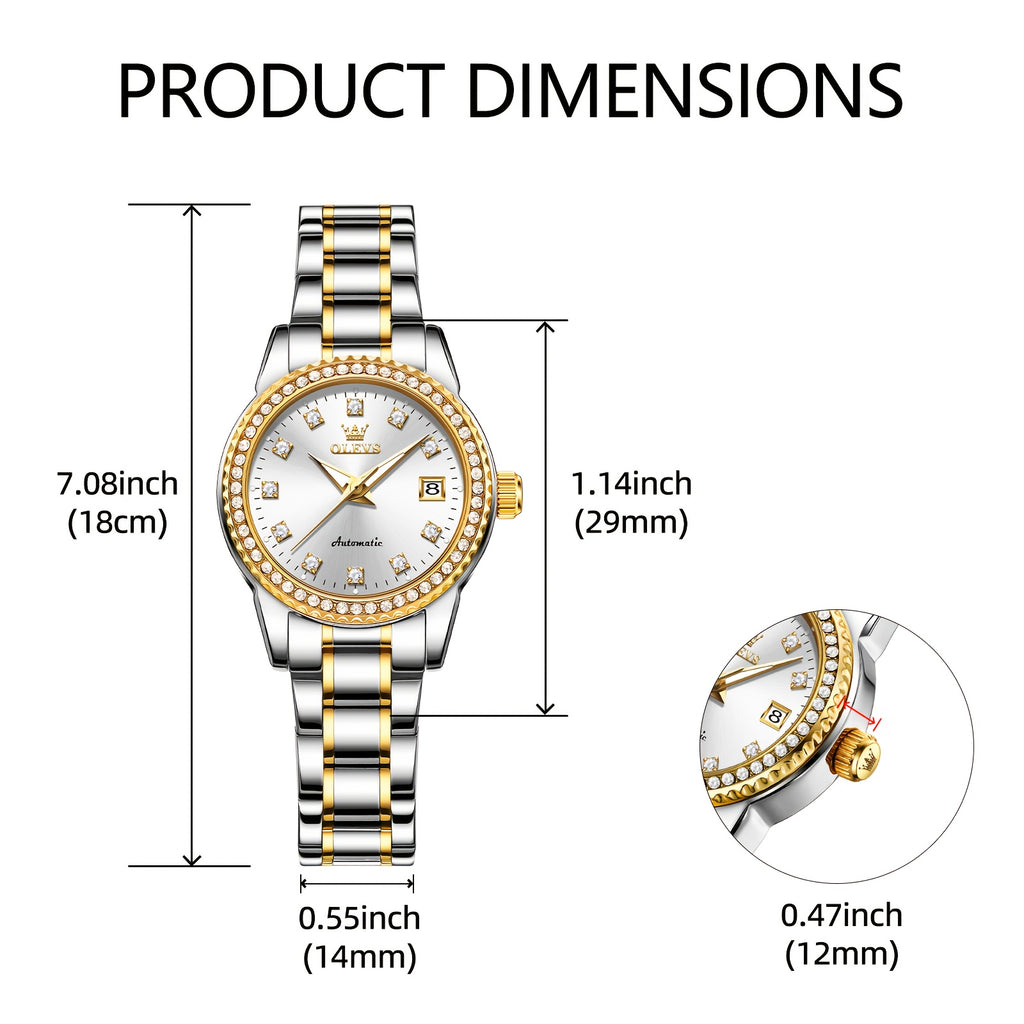 OLEVS Women's Automatic Mechanical Watch – Stainless Steel Bracelet, Luminous Dial & Date Window, Polished Formal Timepiece