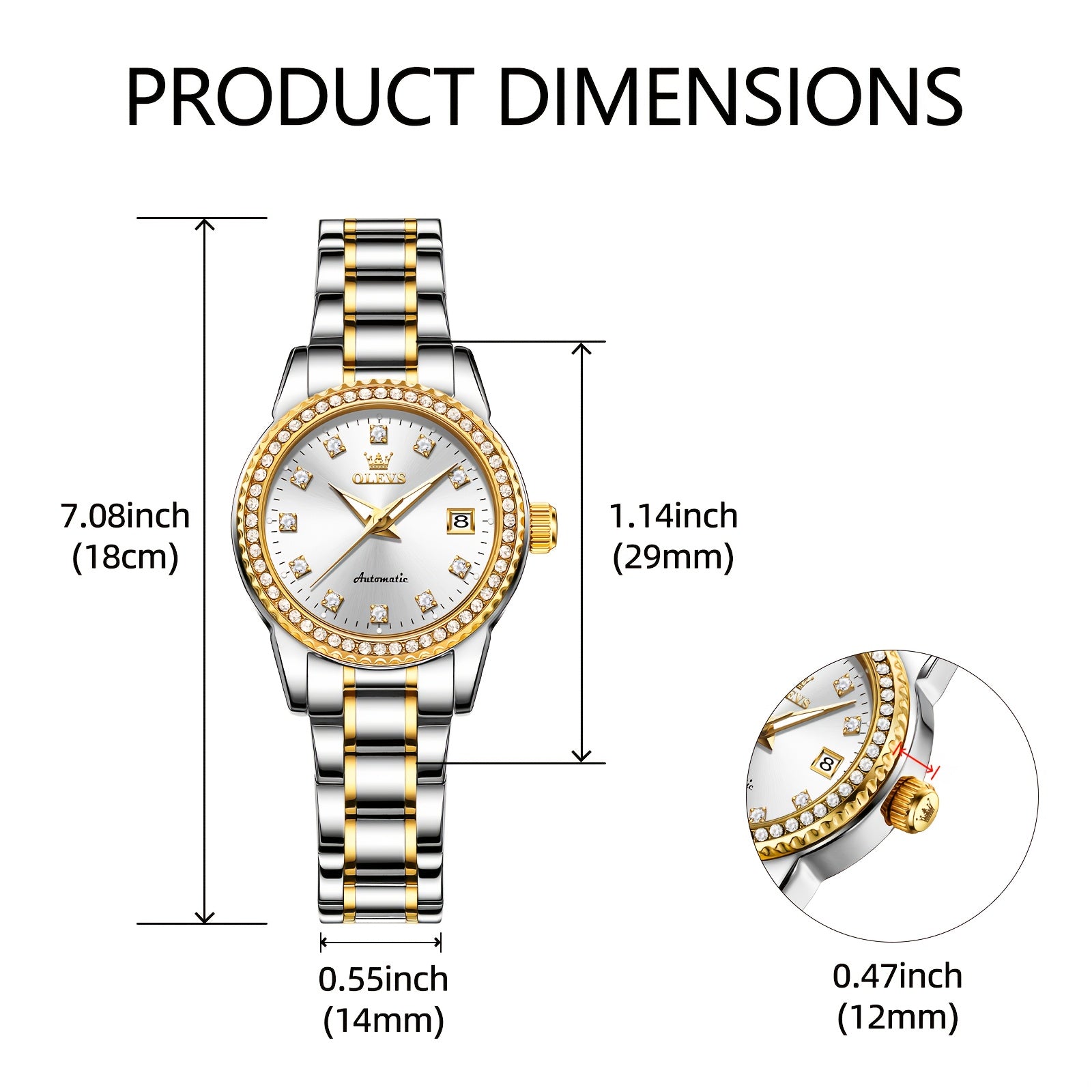 OLEVS Women's Automatic Mechanical Watch – Stainless Steel Bracelet, Luminous Dial & Date Window, Polished Formal Timepiece