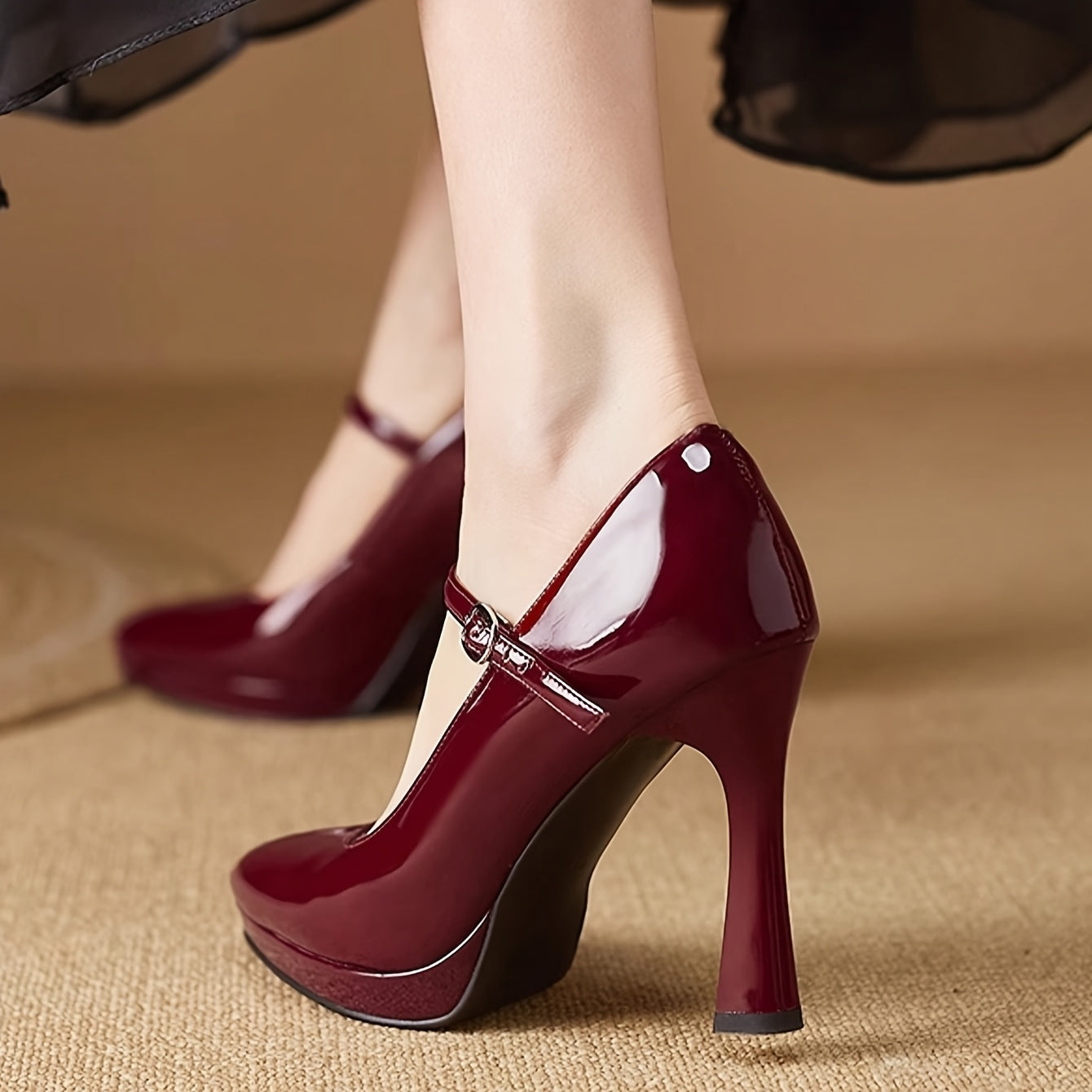 Burgundy Stiletto Heels for Women – Pointed Toe Ankle Strap High Heel Pumps, Smooth Faux Leather Office Dress Shoes