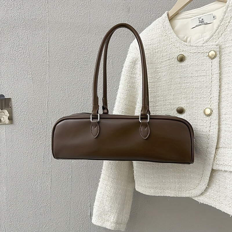 Vintage-Inspired Extra-Long Baguette Handbag for Women - Brown PU Two-Handle Zipper Tote