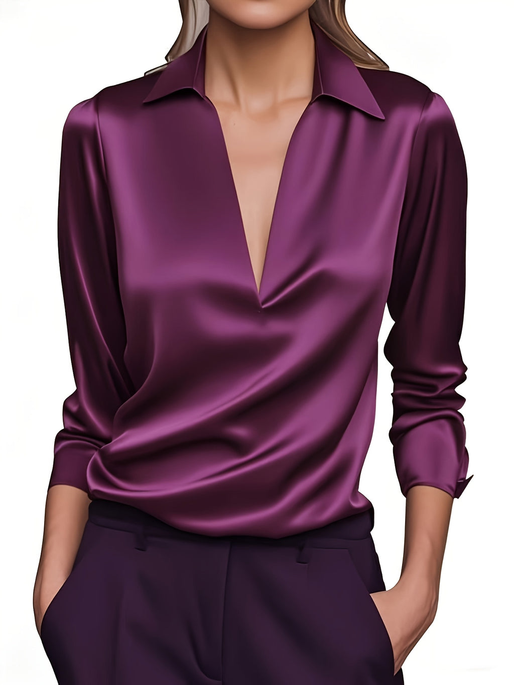 Silvery Satin V-Neck Blouse for Women, Long Sleeve Button-Front Satin Shirt, Elegant Smooth Finish