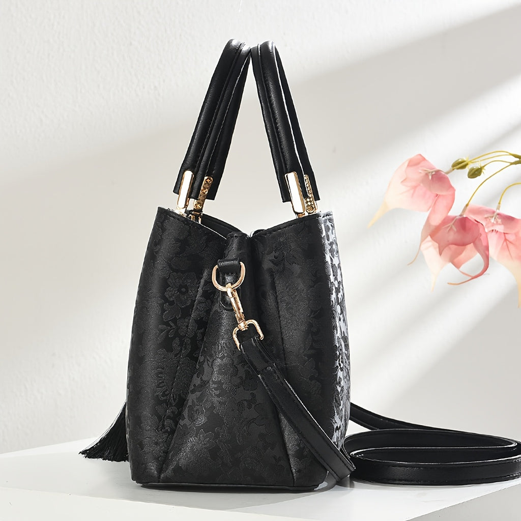 FKTSR Women's Quilted Floral Convertible Handbag with Tassel - Faux Leather Shoulder Bag & Clutch, Magnetic Closure, Removable Strap - Olive Green, Black, Beige