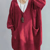 Plus Size Women's Oversized V-Neck Longline Sweater - Soft Ribbed Viscose Knit, Machine-Washable Black Pullover for Fall/Winter