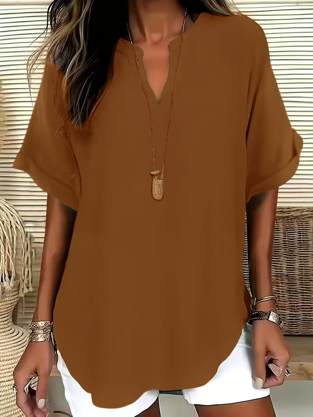 Plus Size V-Neck Blouse - Women's Short Sleeve Loose Batwing Top with Flared Hem, Stretchy Casual Shirt