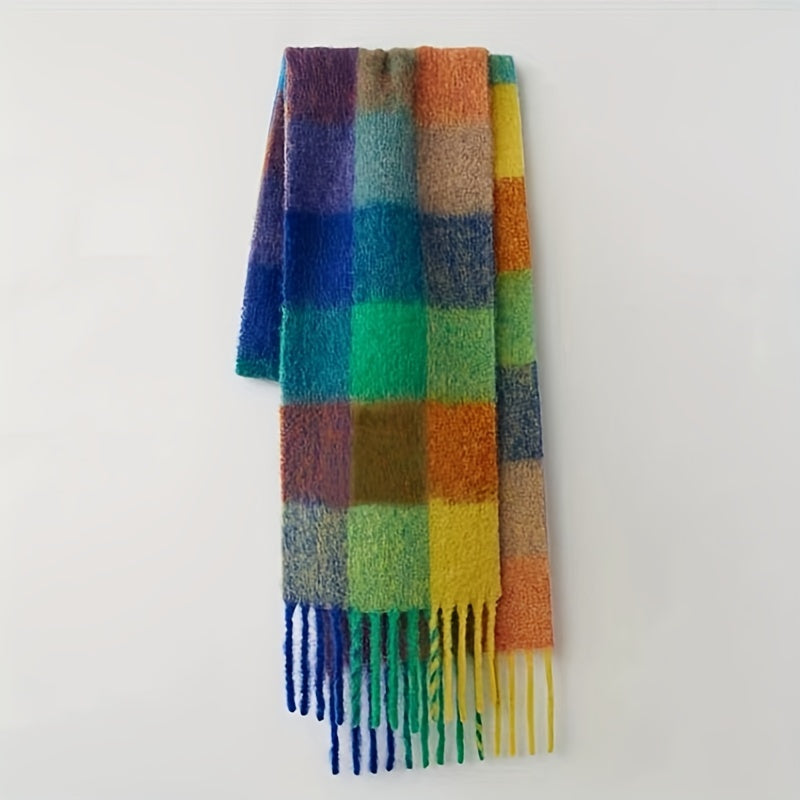 Women's Bohemian Plaid Tassel Scarf — Thick Faux Mohair Rainbow Shawl 240 cm (94.5 in)