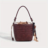 Woven Bucket Bag for Women - Drawstring Closure, Adjustable Shoulder Strap & Wristlet, Split Leather Carryall (White, Black, Burgundy, Coffee)