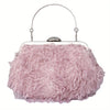 Feather Furry Kiss-Lock Clutch with Metal Chain and Rhinestone Frame — Elegant Evening Prom Cocktail Bag