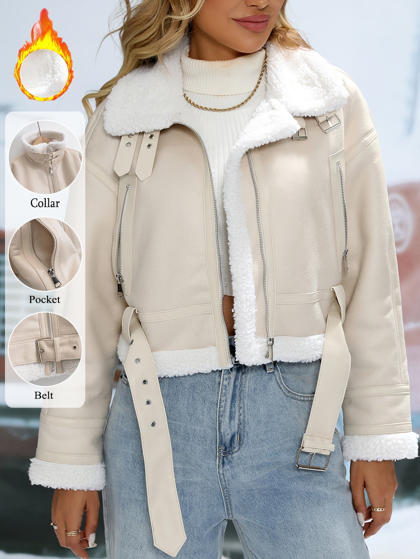 Women's Faux Lamb Fur Leather Belted Lapel Coat, Thick Warm Autumn Winter Jacket
