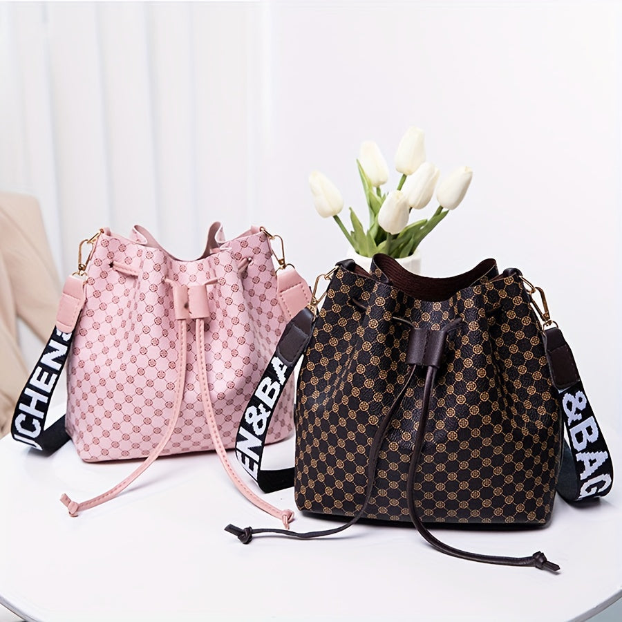 Women's PU Bucket Bag - Large Capacity Drawstring Crossbody & Shoulder Bag with Geometric Print