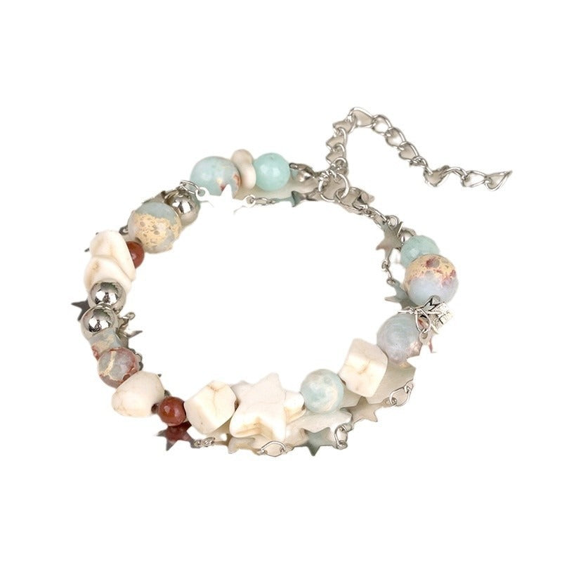 Women's Bohemian Double-Layer Starfish & Agate Beaded Bracelet - Adjustable Lobster Clasp, Natural Stone October Birthstone, Turquoise Green Red Brown Gold-Tone