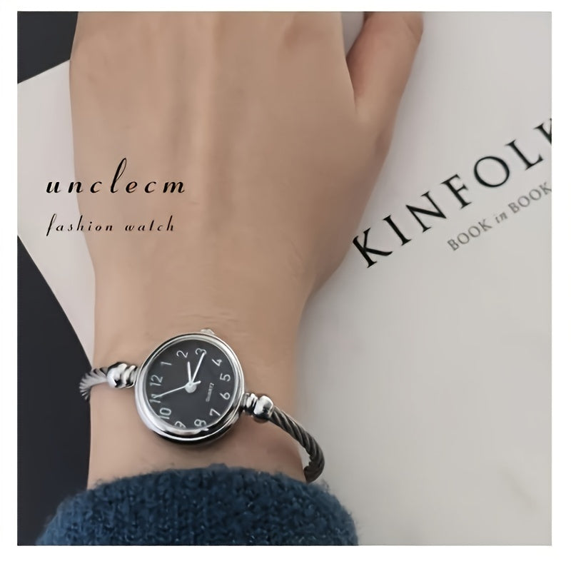Women's Mechanical Watch – Minimalist Retro Black Dial with White Hands, Nylon Strap & Clear Bezel, Bracelet Included