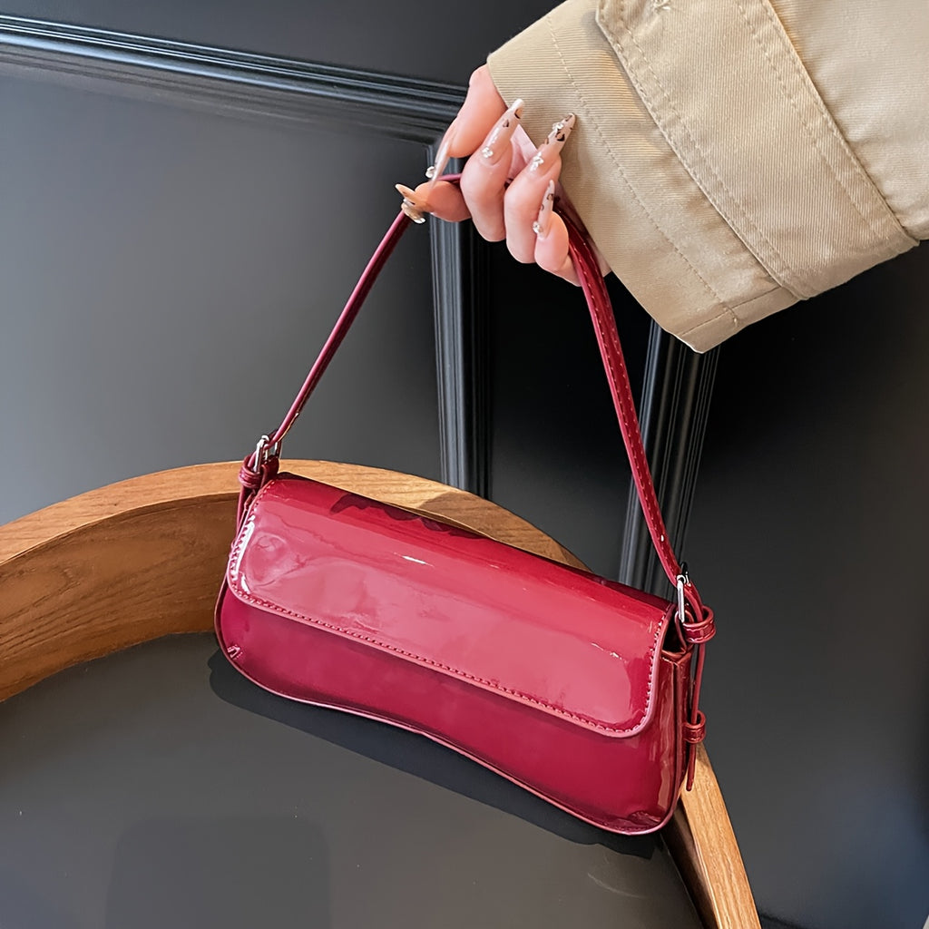 Burgundy PU Baguette Shoulder Bag - Adjustable Strap, Magnetic Closure, Two-Tone Hardware, Glossy Purse for Office & Date Night