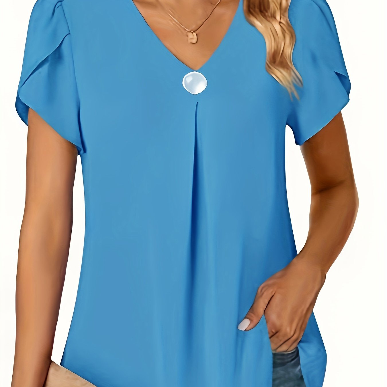 Women's Black Chiffon V-Neck Peplum Blouse with Ruffle Short Sleeves — Lightweight Polyester Summer Top