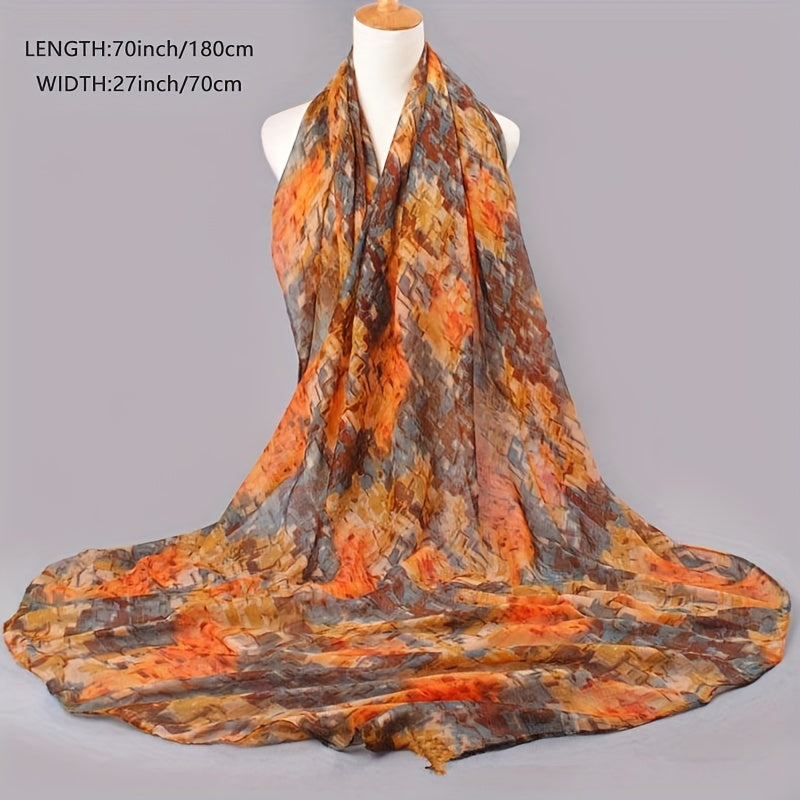 Vintage Paisley Ombre Scarf – Long 180 x 70 cm (70.85 x 27.5 in) Polyester Shawl for Women, Brown-to-Blue Geometric Floral Print