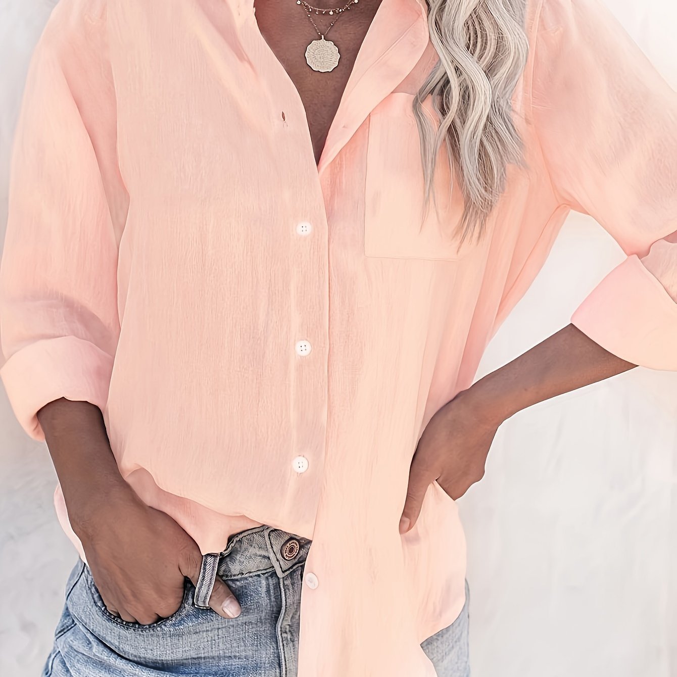 Women's Long Sleeve Button-Up Shirt – Classic Collar Blouse for Office & Everyday, All-Season Easy-Care Top