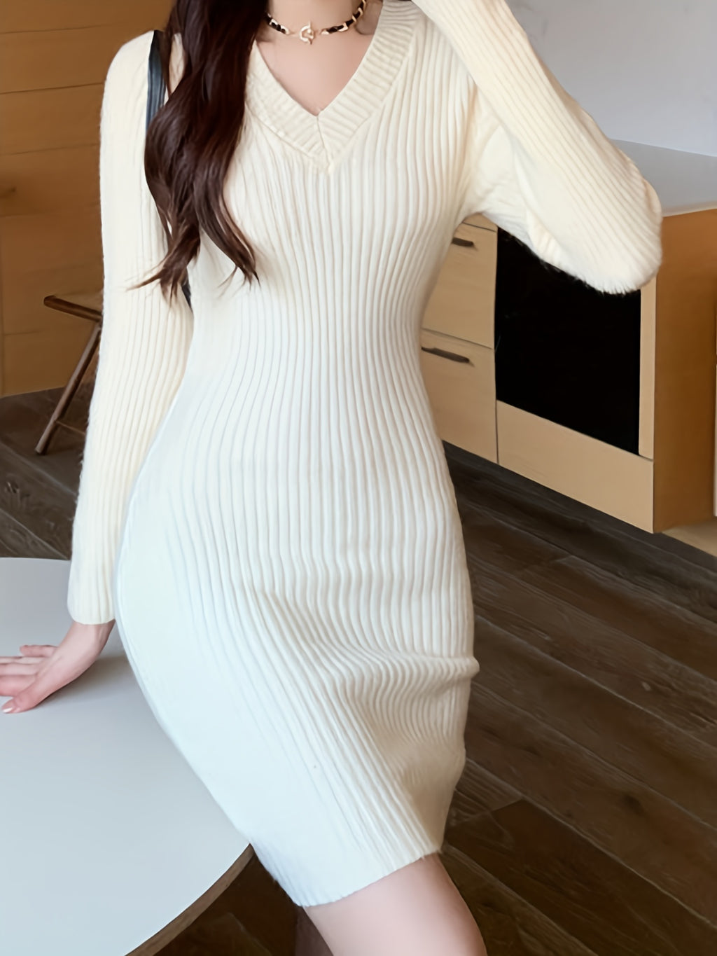 Women's Elegant V-Neck Knit Sweater Bodycon Dress - Long Sleeve Fall Winter