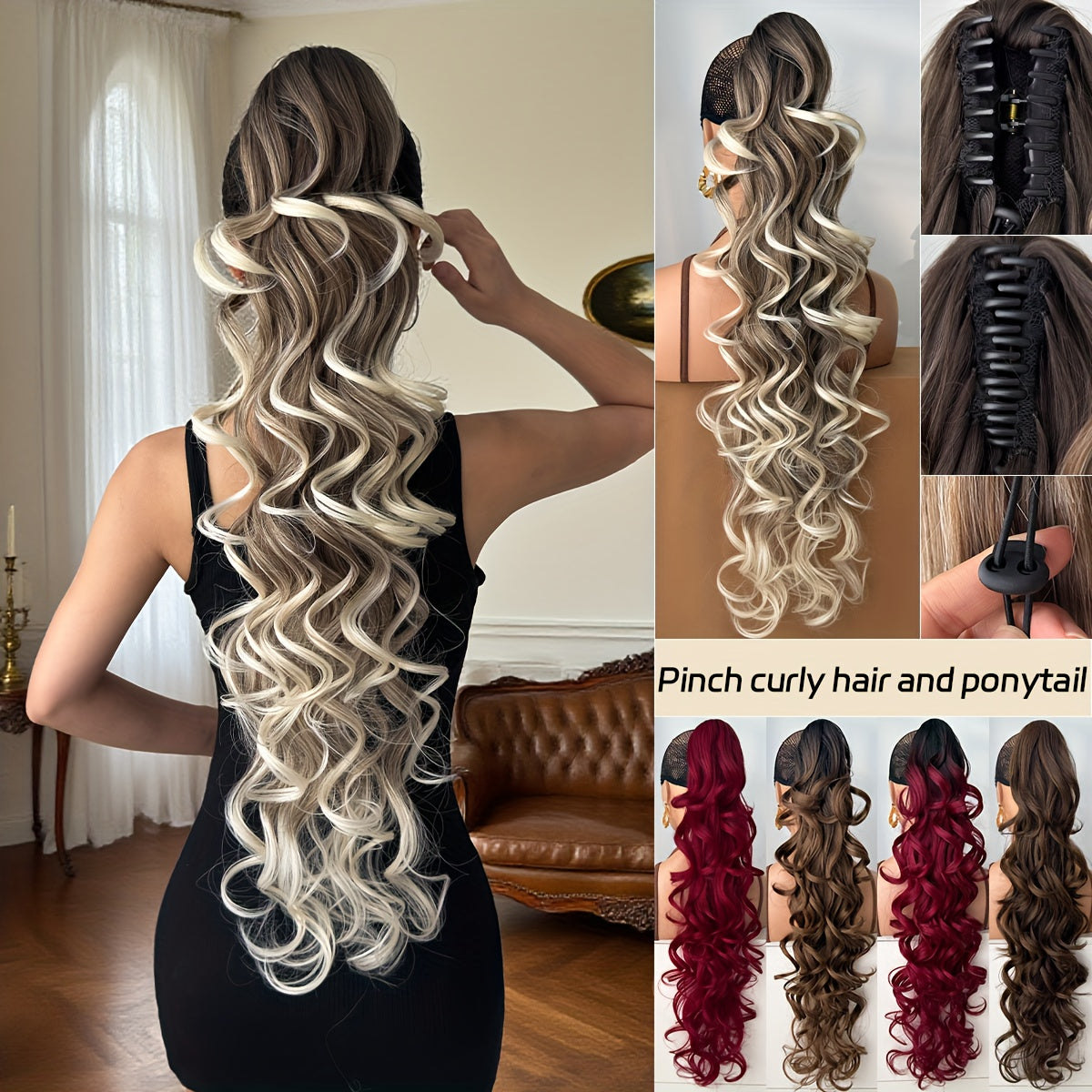 32 in (81 cm) Deep Wave Claw Ponytail Extension - Heat-Resistant Synthetic Clip-In, Burgundy/Brown/Black/Red Gradient