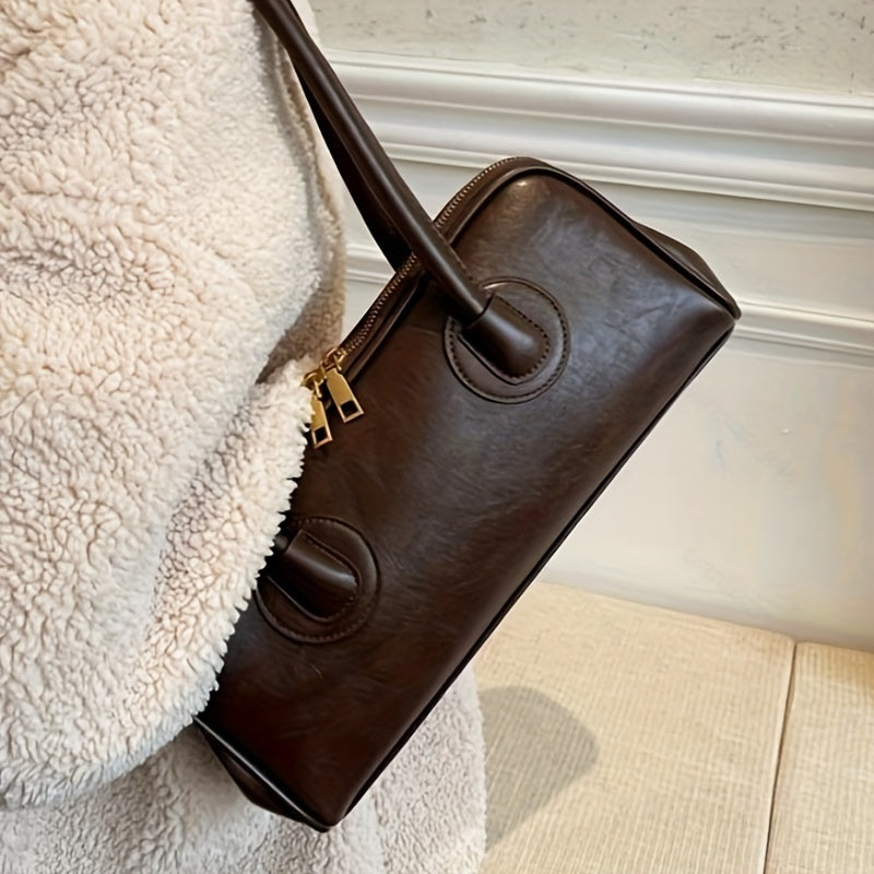 Vintage Chic PU Baguette Shoulder Bag for Women - Zipper Closure, Fixed Shoulder Strap, Spacious Underarm Handbag (Red, Green, Tan)