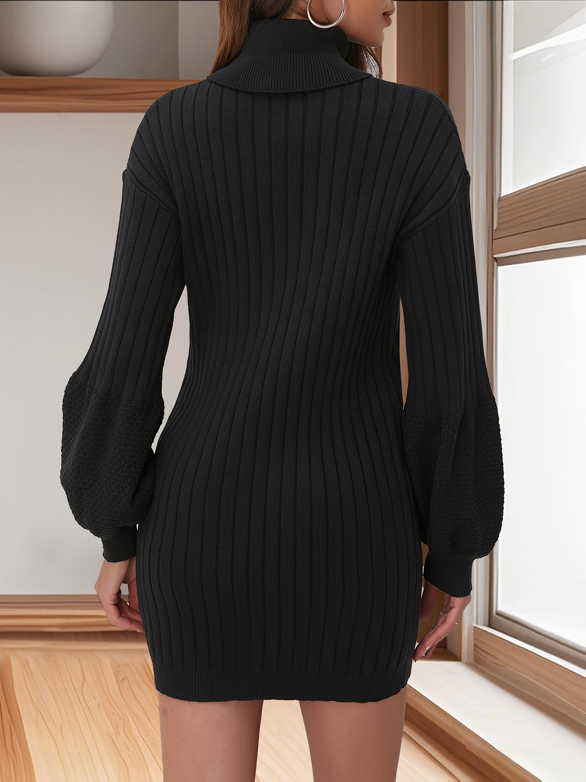 Women's High Neck Ribbed Sweater Dress - Long Sleeve H-Line Short Knit Dress for Fall & Winter