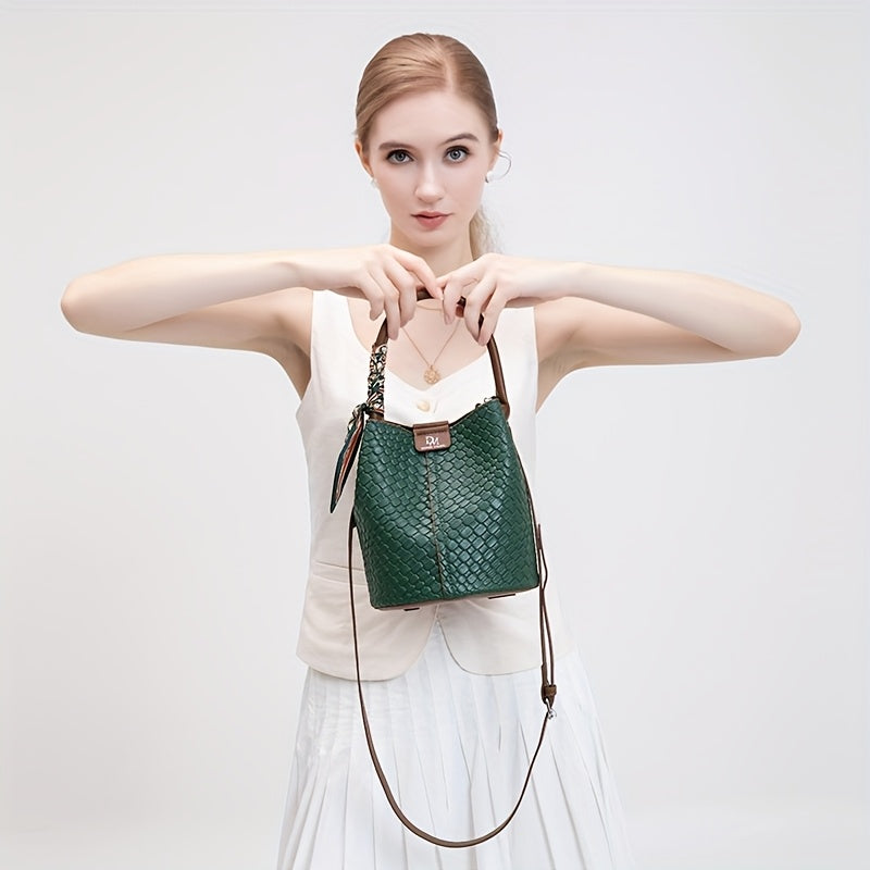 Women's Woven Bucket Bag – Large Capacity Shoulder & Crossbody Handbag with Adjustable Detachable Strap, Polyester-Lined, Multiple Colors