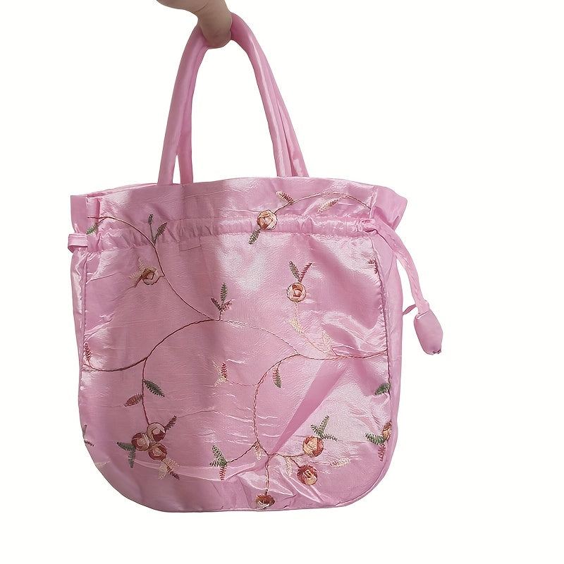 Elegant Floral Embroidered Drawstring Clutch – Cute Bucket Purse with Polyester Lining for Coins & Phone (Multiple Colors)