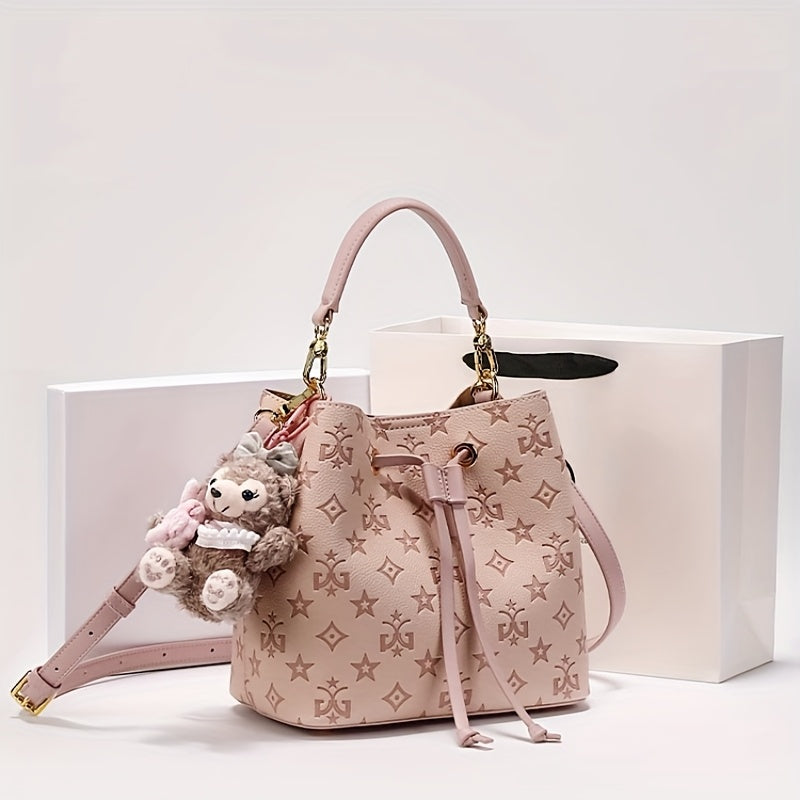 Purple Bucket Bag for Women – Large Capacity Embossed Geometric Handbag with Adjustable Strap & Gold Hardware