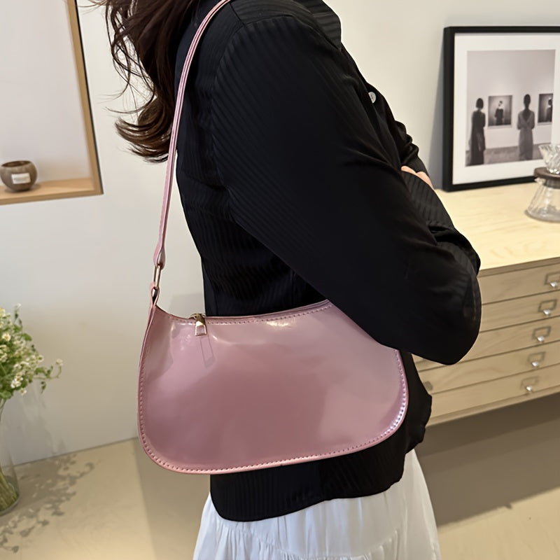 Patent Faux Leather Baguette Bag – Retro Underarm Shoulder Handbag for Women