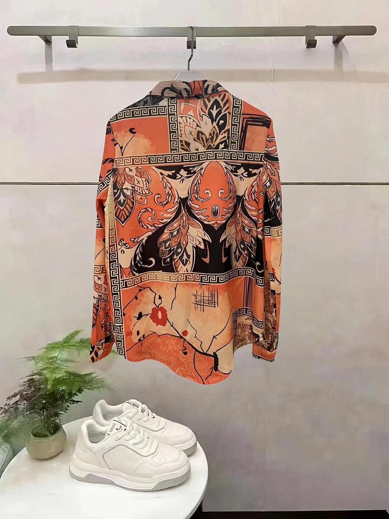 Women's Retro Floral Button-Front Long Sleeve Collared Blouse, Orange Brown - Casual Machine-Washable Polyester