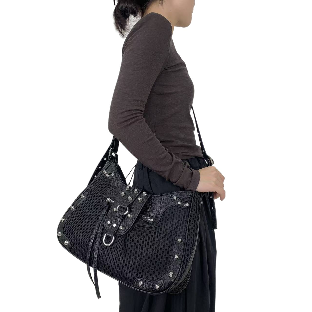 Women's Large Capacity Y2K Retro Mesh Bucket Bag - Adjustable Strap, Multi-Pocket Nylon Crossbody with Gold-Tone Hardware & Zipper Closure