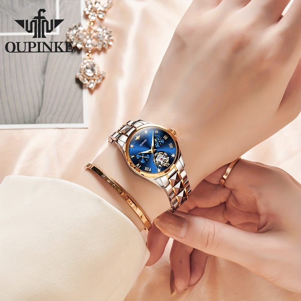 OUPINKE Women's Automatic Mechanical Dress Watch – Luminous Hands, Blue Dial with Gold Markers, Stainless Steel Case & Bracelet