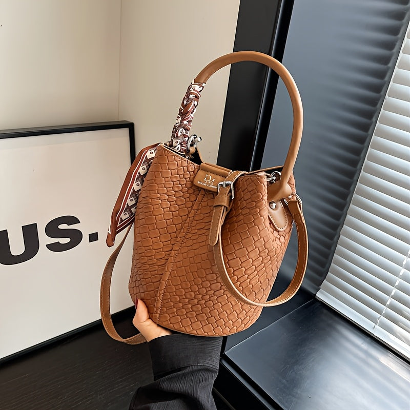 Women's Woven Bucket Handbag & Crossbody Bag - Detachable Strap, Gold-Tone Hardware, PU Leather Tote (Black, Beige, Green, Dark Brown)