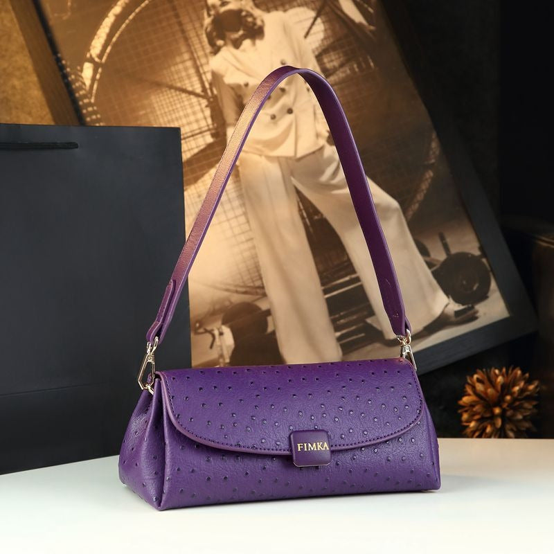 Purple Ostrich-Pattern Split Leather Baguette Bag – Vintage Women's Handbag with Removable Strap