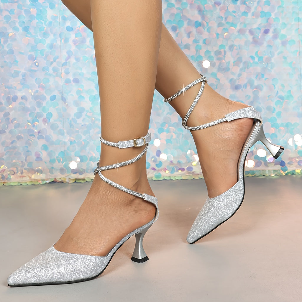 Women's Glitter Kitten Heel Sandals, Pointed Toe Ankle Strap with Adjustable Hook & Loop Closure for Weddings & Parties
