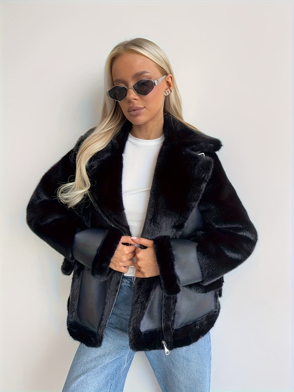 Women's Black Faux Fur Motorcycle Jacket - Zipper Front, Button Cuffs, Casual Fall & Winter Coat