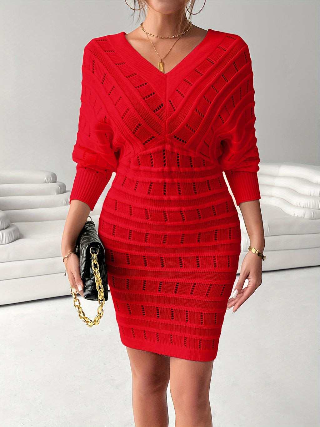 Batwing Pointelle Sweater Dress — V-Neck Bodycon Midi Knit (100% Acrylic)