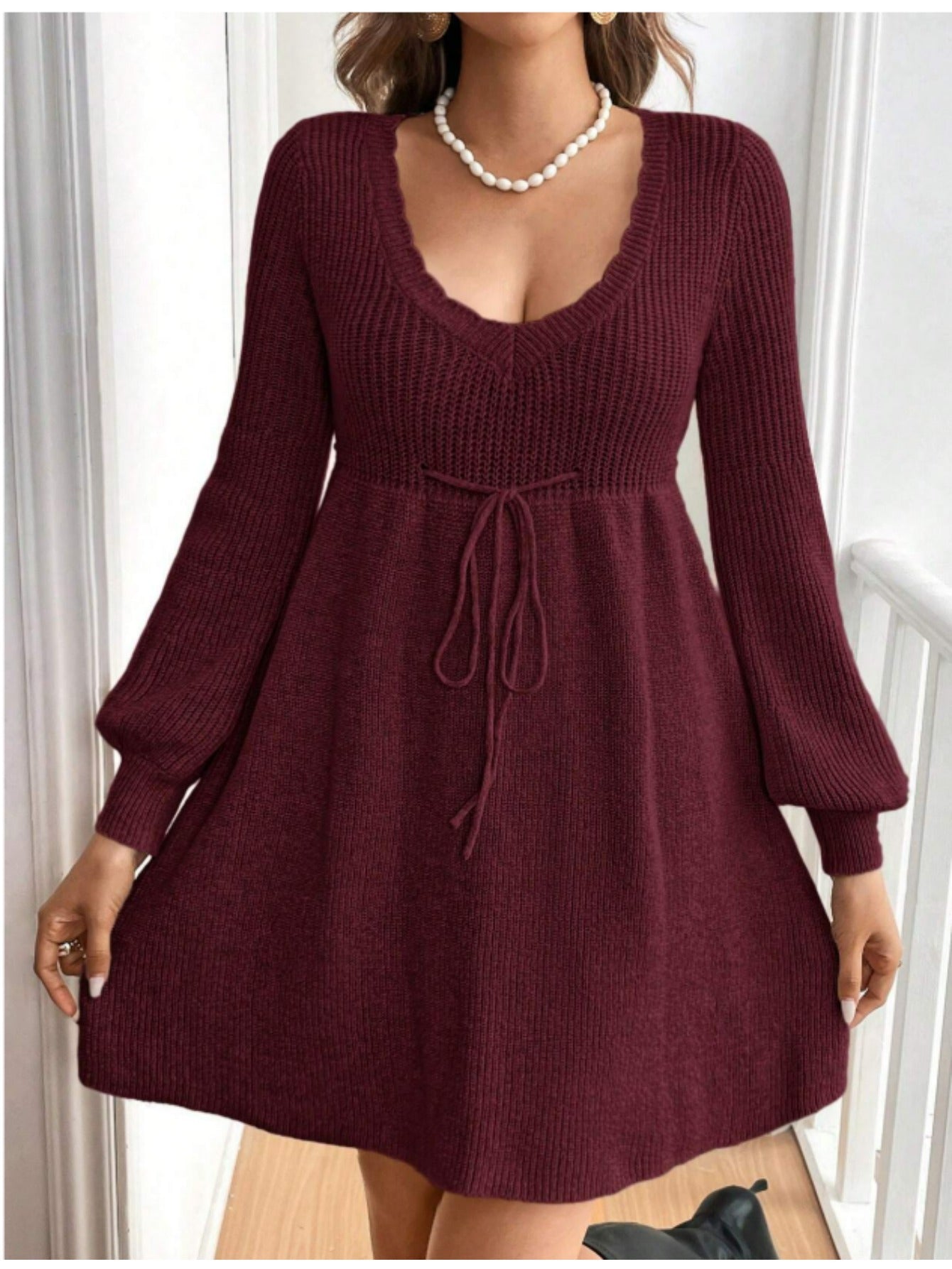 Plus Size V-Neck Red Drawstring Knit Dress for Women