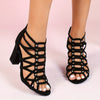 Women's Black Diamond Back Zip High Heel Strap Sandals – Round Toe Block Heel, Microfiber Upper & Insole, Rubber Sole
