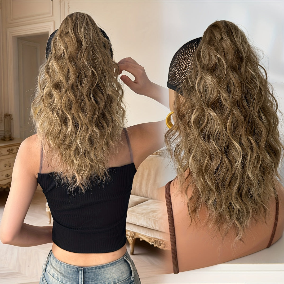 16-Inch (40 cm) Water Wave Claw Ponytail Extension – Heat Resistant Ombre Synthetic Hairpiece for Women