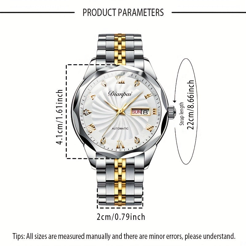 Dianpai Women's Automatic Mechanical Watch — Calendar & Week Display, Luminous Night Glow, Rhinestone Accents, Stainless Steel Bracelet, White Dial with Gold Markers