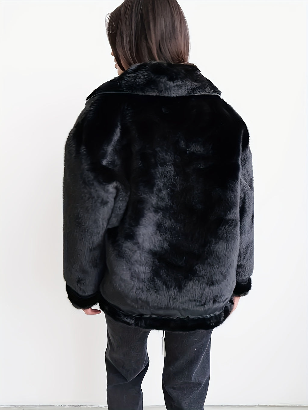 Women's Black Faux Fur Motorcycle Jacket - Zipper Front, Button Cuffs, Casual Fall & Winter Coat