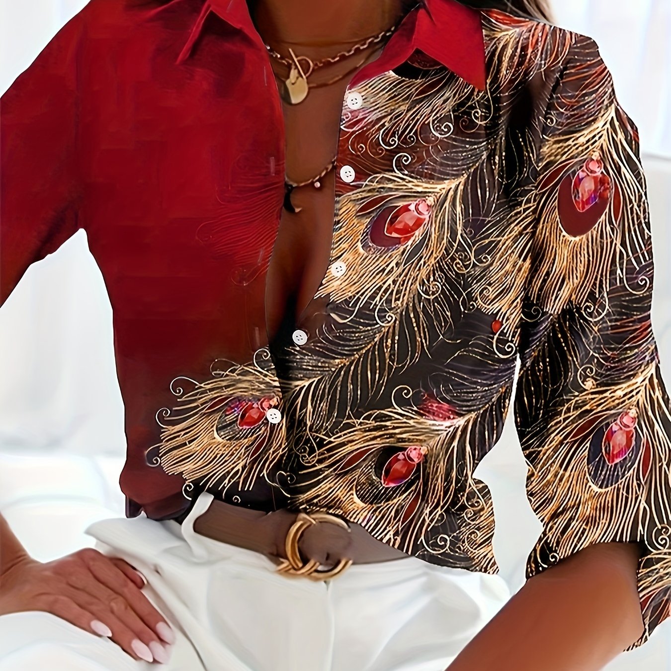 Women's Peacock Print Button-Front Blouse - Turquoise with Gold Buttons, Lapel Collar, All-Season Office & Party Top