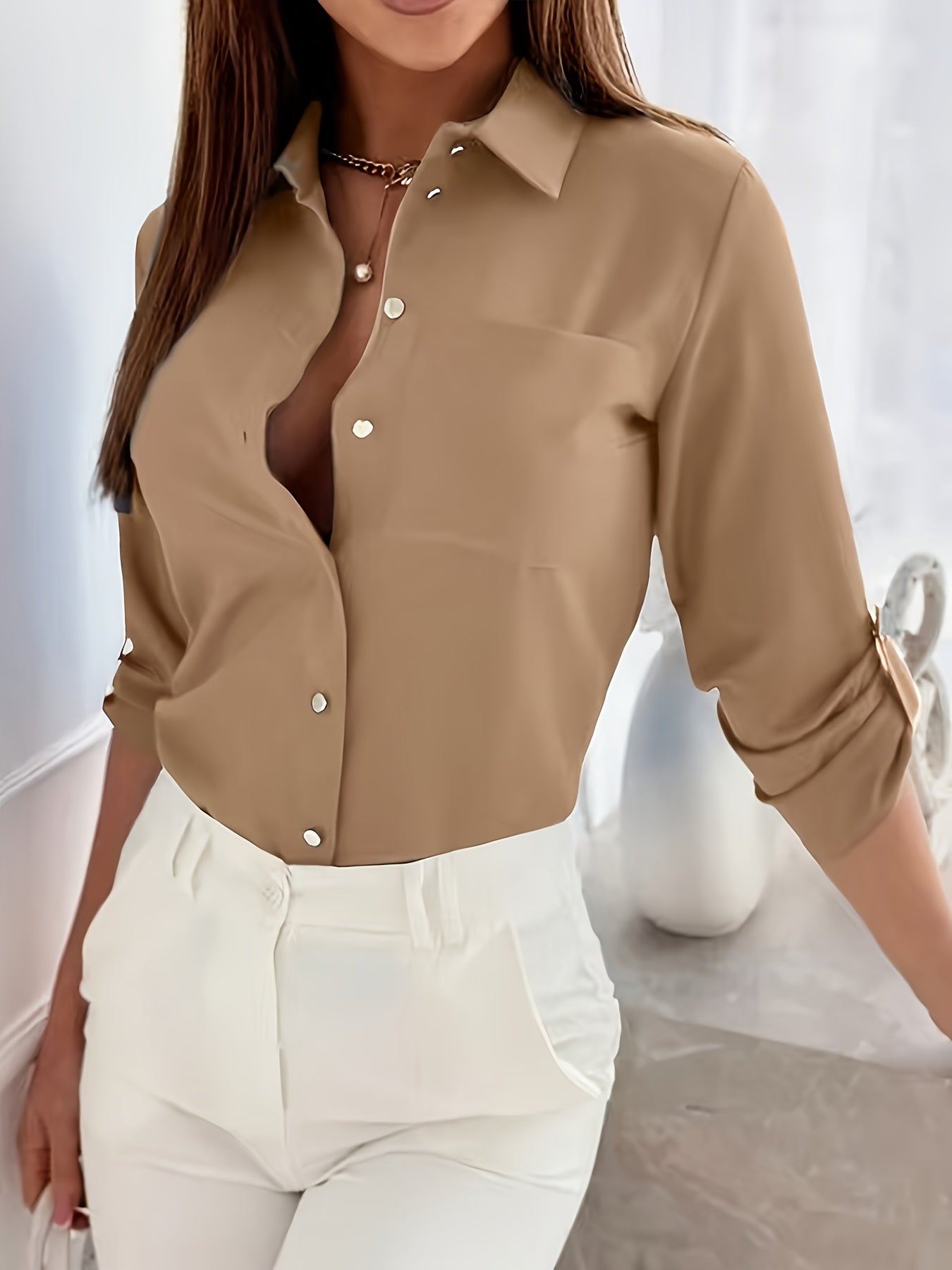 Elegant Women's Solid Button-Up Shirt - Cardigan Collar, 100% Polyester, Machine Washable for Spring/Fall