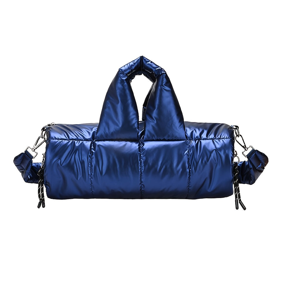 Quilted Puff Bucket Shoulder Bag Large Capacity PU Handbag with Detachable Strap Gold-Tone Hardware Zipper Closure Champagne Black Silver Blue