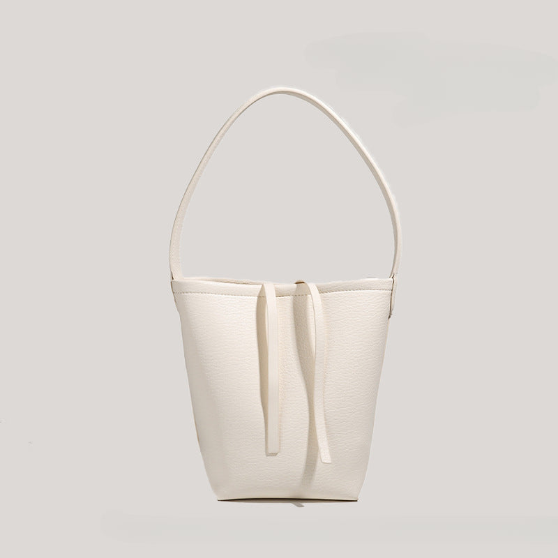 Women's Large Capacity Korean-Inspired Drawstring Bucket Tote - Minimalist Round PU Crossbody Shoulder Purse with Adjustable Strap, Black Grey Coffee Brown White Red