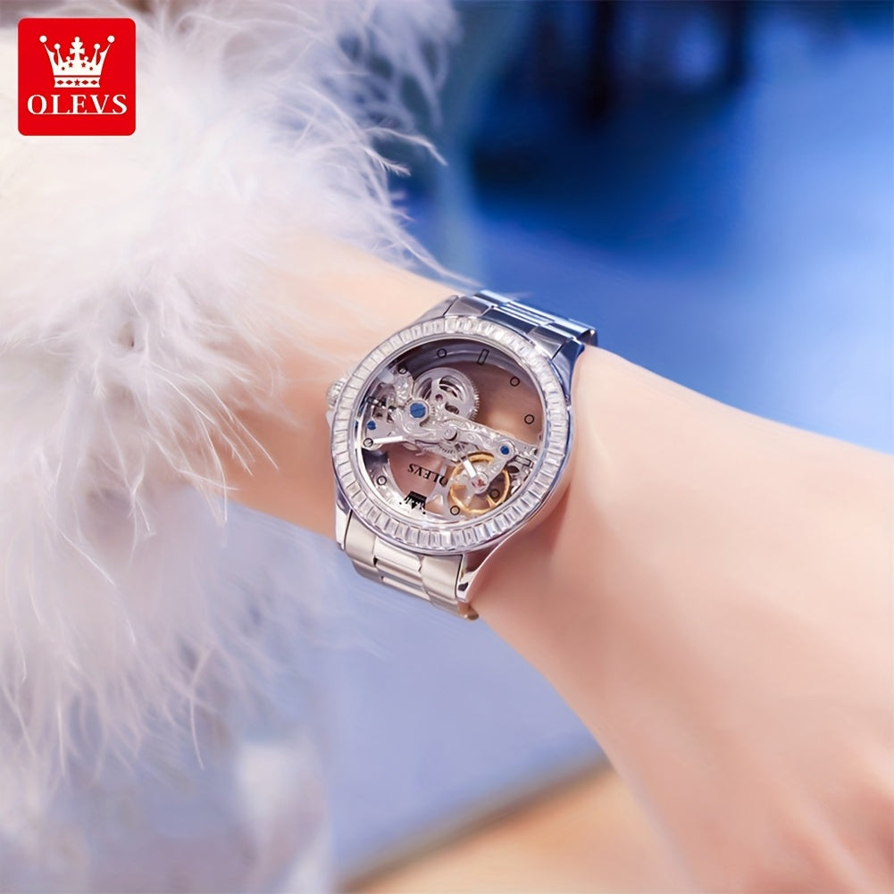 OLEVS Women's Luxury Automatic Skeleton Mechanical Watch – Stainless Steel Case, Faux Leather Strap, Luminescent Hands